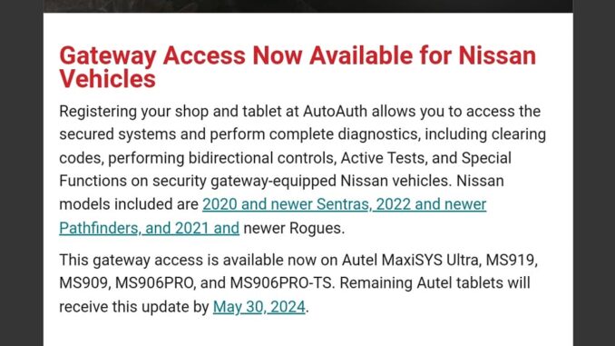 Autel autoauth Nissan gateway Autel autoauth Nissan gateway